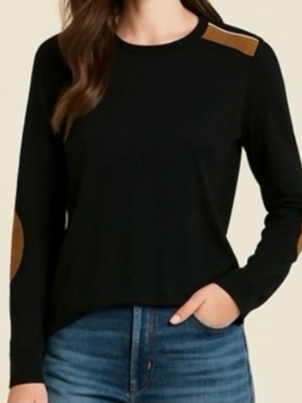 Ralph Lauren Black Long-Sleeve Top with Tan Elbow & Shoulder Patches Size Small